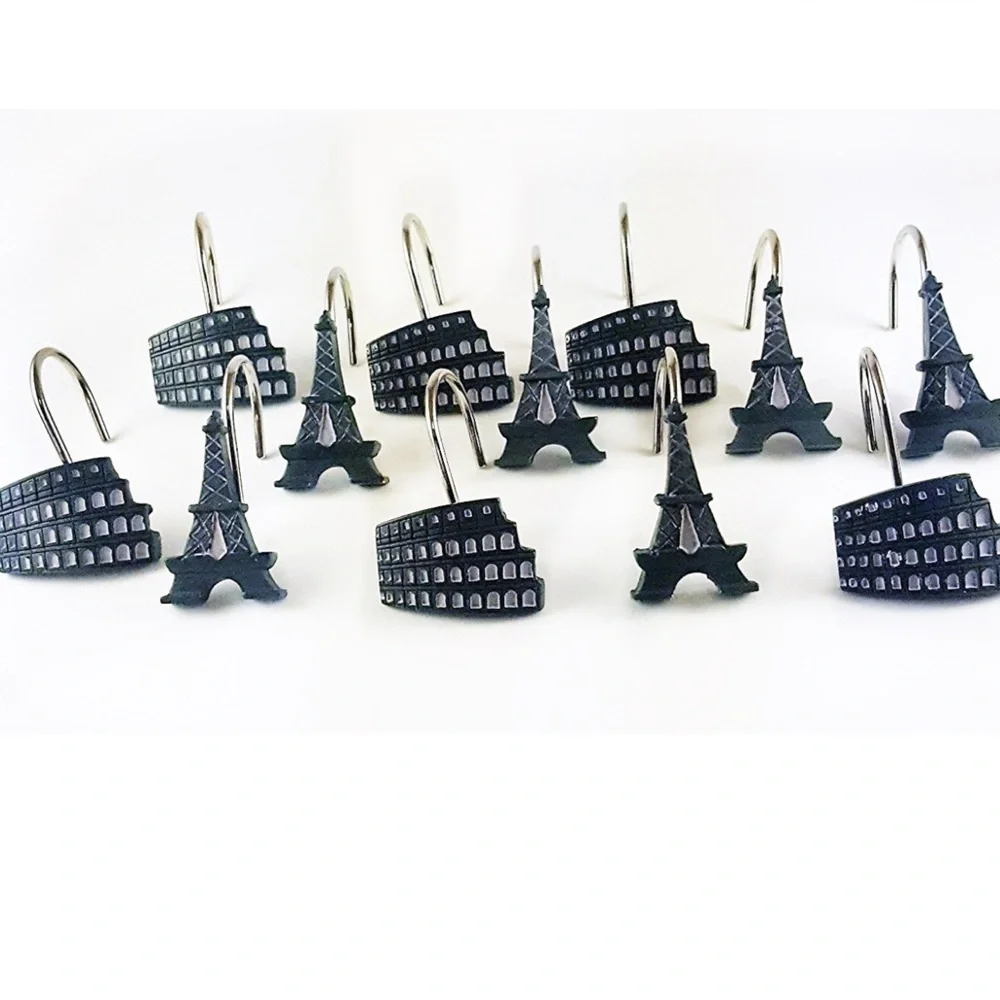Paris Eiffel Tower Shower Curtain Hooks Silver Black Gray Set of 12